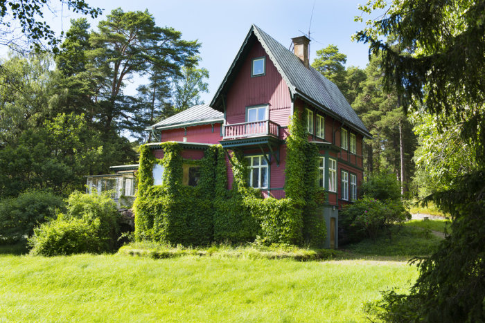 Gammaldags röd villa med gröna fönsterluckor och klätterväxter på fasaden, omgiven av trädgård och skog.