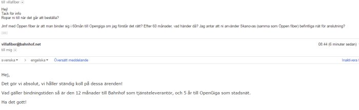 Skärmdump av e-postkonversation om beställning och bindningstiden för fiberanslutning.