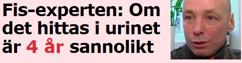 Man med rodnad näsa och kinder, text om FIS-expert och fyra års avstängning vid doping.