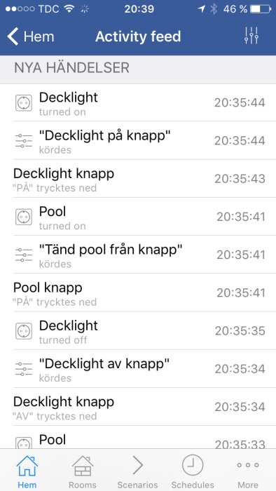 Skärmdump av en aktivitetslogg i en hemautomationsapp som visar händelser för belysning och poolstyrning.