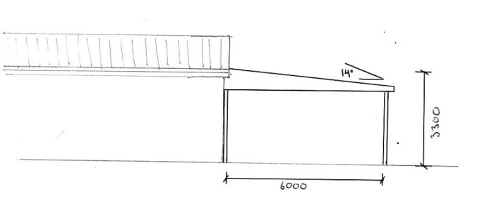 Skiss av ett planerat garage med pulpettak, visar bredd på 6000 och höjd på 3300 med en taklutning på 14 grader.