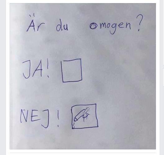 Handskriven lapp med texten "Är du omogen?" och alternativen "JA!" och "NEJ!" med en ruta att kryssa i.