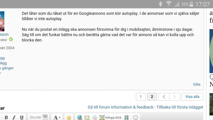 Skärmdump av ett foruminlägg om annonser på en mobil webbsajt.