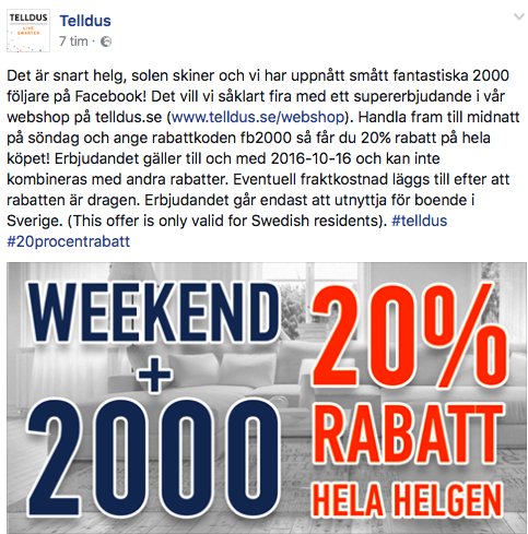 Reklam för 20% rabatt hela helgen hos TellDus, endast för svenska boende, firar 2000 följare på Facebook.