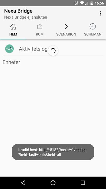 Skärmbild av Android-app med felmeddelandet "Invalid host" och en gränssnitt med menyval HEM, RUM, SCENARION, SCHEMAN.