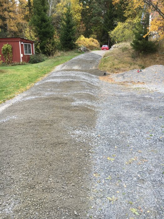 Ojämnt uthällt grus på grusväg framför röd stuga med höstträd i bakgrunden.