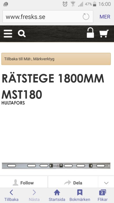 Skärmdump från Fresks webbplats visar en Hultafors rätstång på 1800mm.