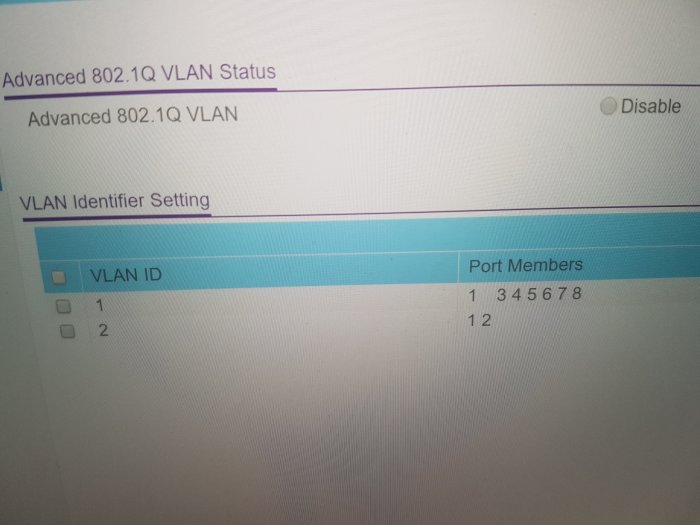 Skärmbild av VLAN-konfiguration med aktiverade portmedlemmar i en nätverksinställning.