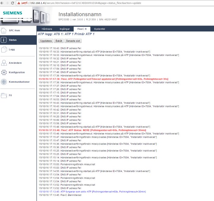 Skärmdump av SPC-system med felmeddelanden i loggfönstret gällande DNS och adressering.