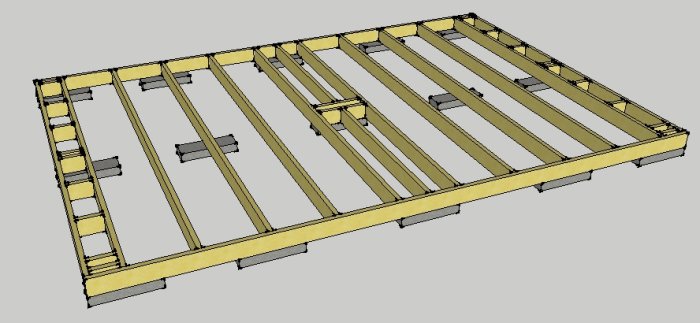 3D-modell av ett bjälklag för gäststuga, stöds av lecablock, med plats för centrumstöd.