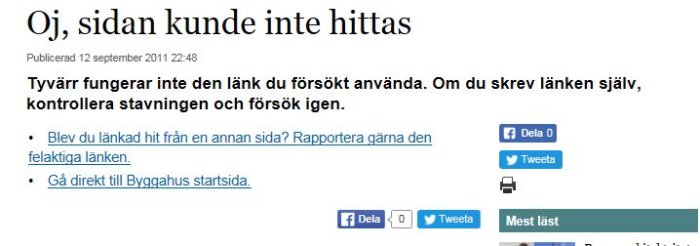 Skärmdump av felmeddelande på webbsida med texten "Oj, sidan kunde inte hittas" och instruktioner för att rapportera fel.