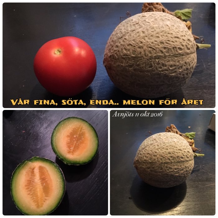 En mogen melon bredvid en röd tomat och en halverad melon som visar det orange fruktköttet, alla på ett mörkt underlag.