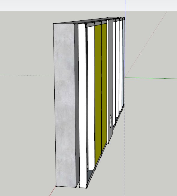 Illustration av isolerad vägg med luftspalt, stålreglar, mineralull och OSB/GIPS paneler.