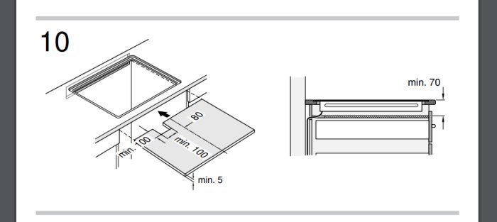 Monteringsanvisning visar minimalt avstånd mellan köksbänk, häll och ugn i ett byggprojekt.
