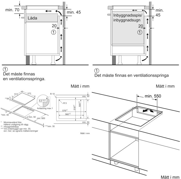 Tekniska ritningar som visar installation av kökslåda, spishäll och ugn med måttangivelser och ventilationsspringa.