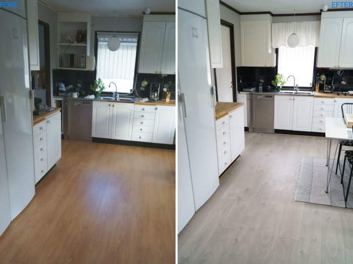 Före och efter bilder av ett kök, vänstra sidan före renovering med trägolv och högra efter med grått laminatgolv.