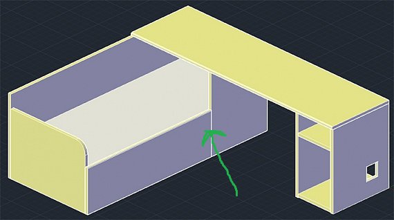 3D-modell av säng med skrivbord, gröna pilen visar skarv på sängfronten som bör åtgärdas.