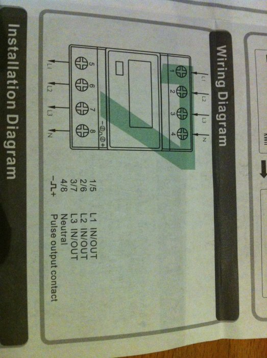 Kopplingsschema för Eastron SDM72Bi energimätare med märkningar för L1, L2, L3, och Neutral både in och utgående.