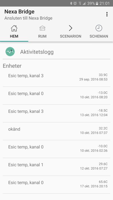 Skärmdump av Nexa Bridge app med en lista över temperatursensorer som visar inkonsekventa mätvärden.