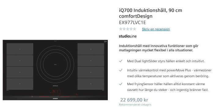 En svart 90 cm bred Siemens induktionshäll med en stor rund zon i mitten och två rektangulära zoner till vänster och höger.