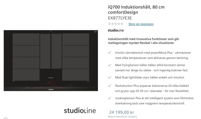 Siemens induktionshäll med flera kokzoner och röda indikatorer för kontroll, modell EX877LYE3E, inga kastruller synliga.