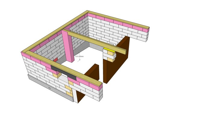 3D-modell av en husgrund med lecablock, isolering och måttangivelser.