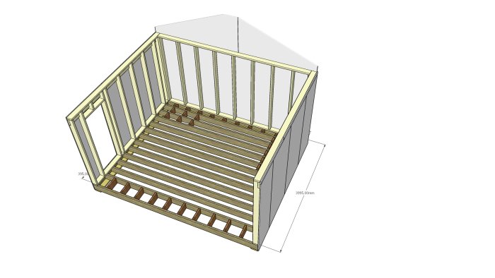 3D-modell av grund till husutbyggnad med märkt regelstomme och bottenbjälklag.