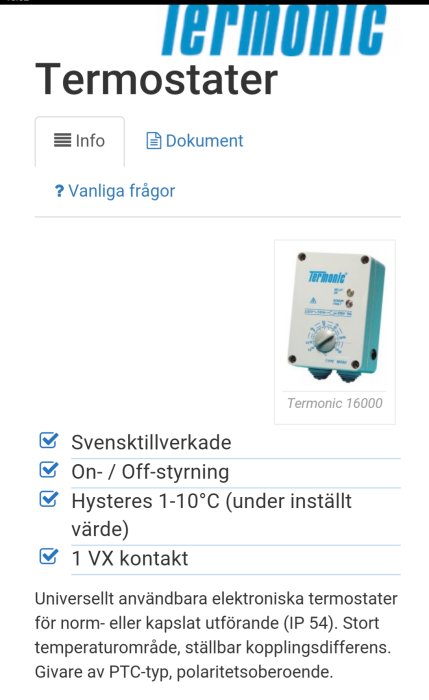 Svensktillverkad Termonic 16000 termostat för byggprojekt, inställningsratt synlig, tekniska specifikationer listade.