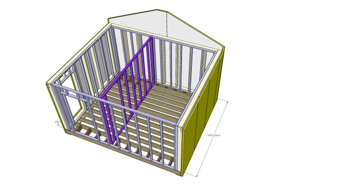 3D-modell av ett pågående byggprojekt med regelstomme för tillbyggnad av hus.