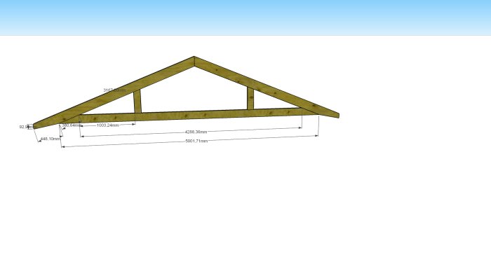 3D-modell av en takstolsdesign med måttangivelser för ett byggprojekt.