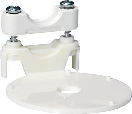 Vit plast toppklämma med T-form och skruvar för anslutning av kabel till dosa.