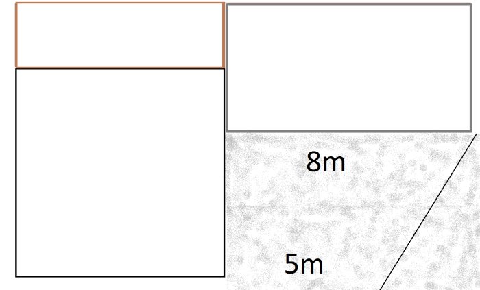 Skiss av ett husprojekt med dimensioner, visar husets 12m djup, 5m djup altan och kilformad 8m till 5m tomt.