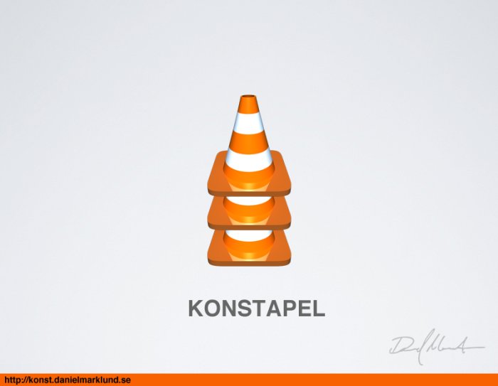 Illustration av en stapel med orange-och-vita trafikkoner och ordet "KONSTAPEL" nedanför.