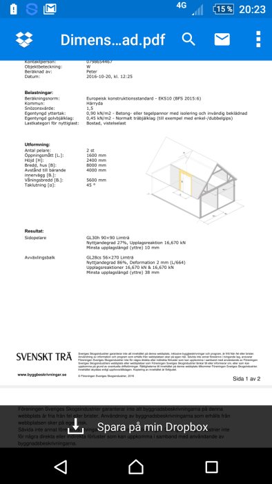 Screengrab av strukturella beräkningar och diagram för limträbalk i byggprojekt.