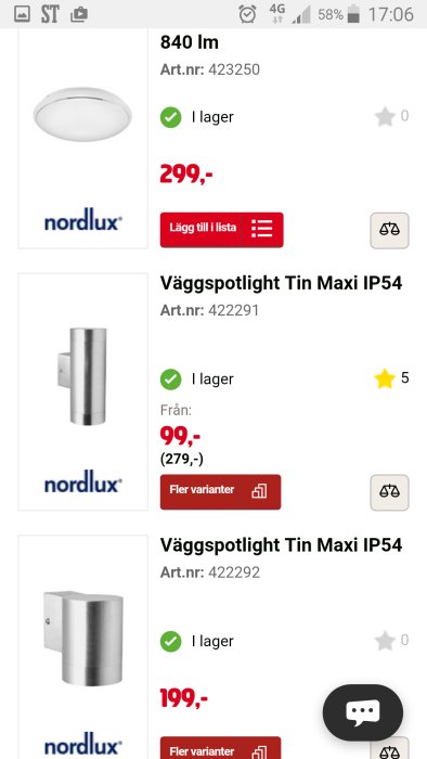 Skärmdump av erbjudanden på Nordlux fasadbelysning med priser från en onlinebutik.