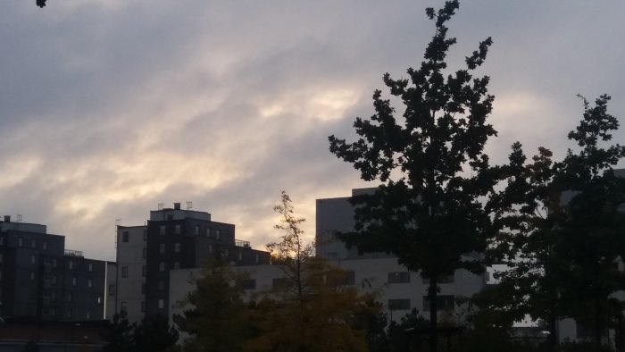 Molnig himmel över stadslandskap med silhuetter av träd och byggnader vid skymning.