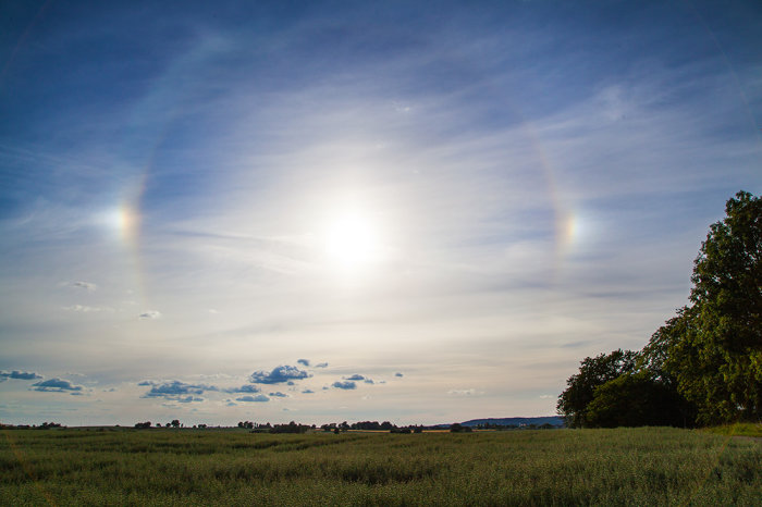 Solhalo synlig runt solen över ett fält med tydliga regnbågsfärger på klar himmel.