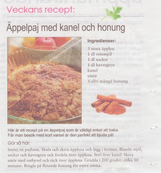 Recept för äppelpaj med kanel och honung samt en bakad äppelpaj och äpplen i bakgrunden.