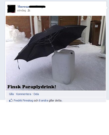 Stor plastdunk med ett paraply i snön, rubrikad "Finsk Paraplydrink".