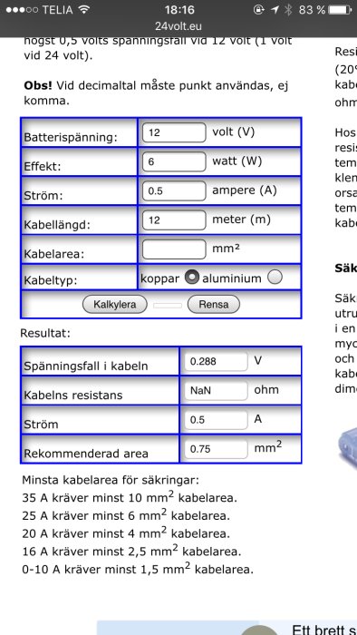 Skärmdump av elberäkningsprogram med ifyllda värden för batterispänning, effekt, ström, kabellängd och resultat.