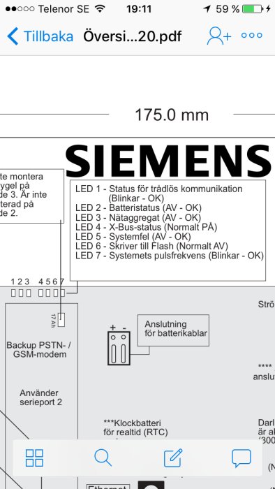 Skärmavbild av en manual för LED-status med text och diagram, märkt med Siemens.