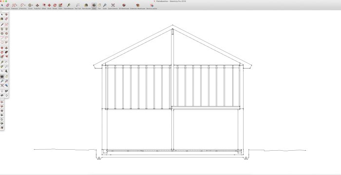 Skärmdump av en husmodell i SketchUp med framsidesvy, redo för utskrift i skala.