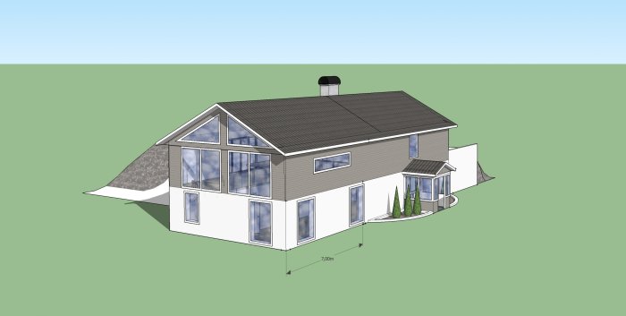 3D-modell av tvåvåningshus med tillbyggnad ritad i SketchUp, visas i perspektiv med måttmarkering.