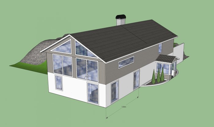 3D-modell av ett hus med utbyggnad skapat i SketchUp mot en grön bakgrund.