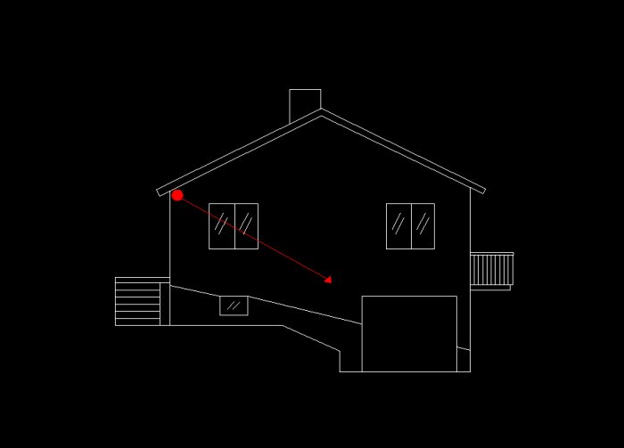 Schematisk ritning över villa med markerade positioner för övervakningskameror och deras siktriktning.