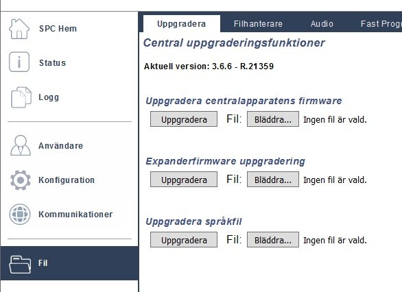 Skärmdump av firmware-uppdateringsmeny med alternativ för centralapparat och expanderfirmware.