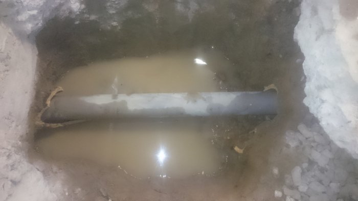 Djupt, vattenfyllt schakt med en synlig rörledning som speglar lyset, omgivet av grävd jord och sten.