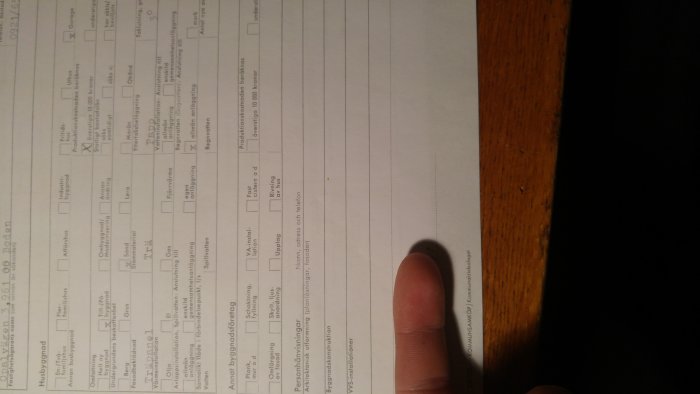 Delfoto av ett formulär med flervalsfrågor och en synlig fingertopp.