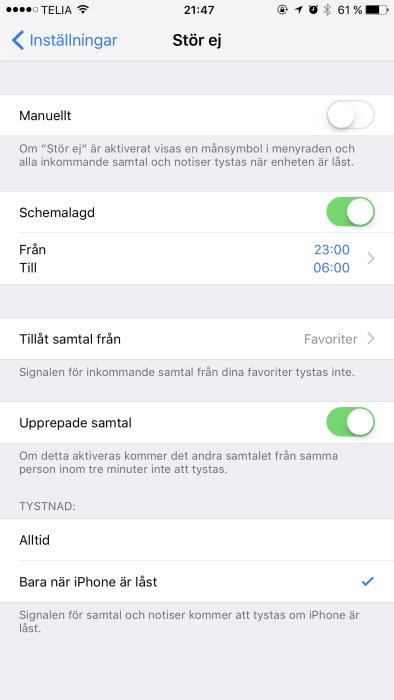 Skärmdump av iPhone-inställningar för 'Stör ej'-funktionen med schemaläggningsalternativ aktiverat.
