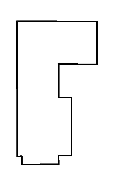 Schematisk bild av ett oregelbundet rum med sneda väggar och flera små vinklar.